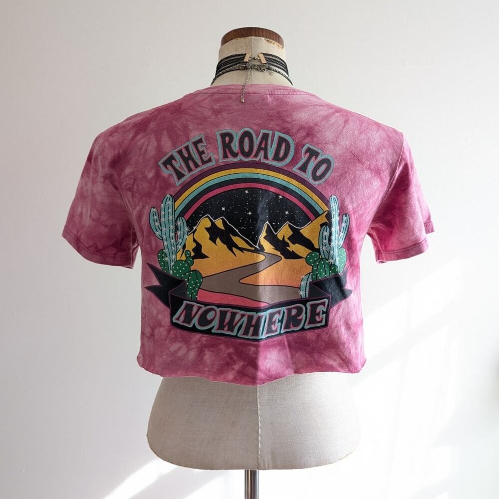 Y2K Pink Tie Dye Graphic Tee Crop Top S Concert Festival Cactus Boho Chic Top